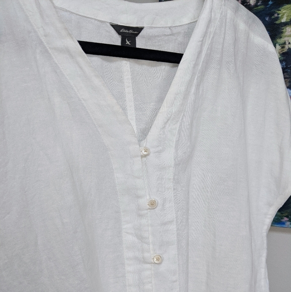 Eddie Bauer White Linen Blend Short Sleeves Button Front Top - Picture 6 of 11